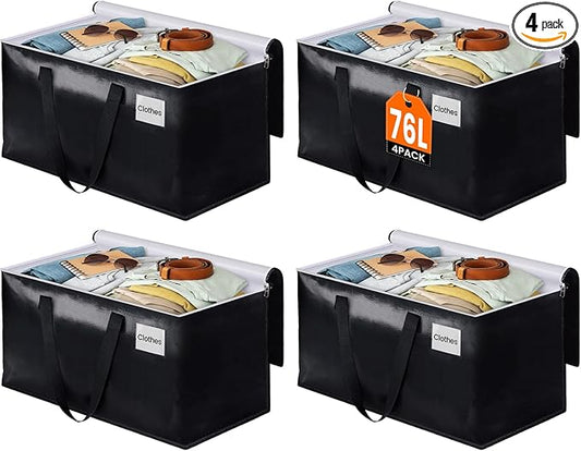 BlissTotes Moving Bags, Heavy Duty Moving Boxes with Zippers Top and Sturdy Handles, Storage Bags for Space Saving and Packing, Collapsible Moving Supplies, Storage Totes (76L, 4-Pack, Black)
