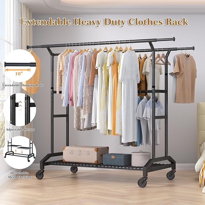 Wiracks Heavy Duty Clothes Rack Rolling Clothes Rack 3 Rods Clothing Rack 450lbs Capacity 51"-71" L X 19.7" D X 73-79" H Adjustable Rolling Garment Rack