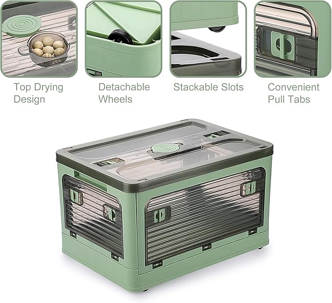 2 Pack Plastic 4 Doors Collapsible Storage Bins with Lid & Wheels, 36 Liters Folding Storage Bins, Stackable Multifunctional Box for Camping Clothes Snack Storage