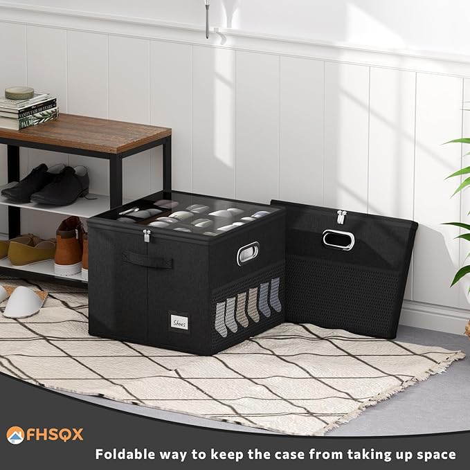 FHSQX Shoe Organizer for Closet,Fits 12 Pair,Shoe Storage Bins with Clear Cover & Adjustable Dividers for Shoes,Shoe Box Storage for Handbags,Blankets,Linen,Clothing (Black, (16.5 * 16.5 * 13) x1)