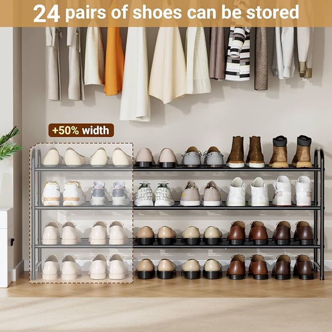 KEETDY 3-Tier Long Shoe Rack for Closet Metal Shoe Organizer for Entryway, Wide Stackable Shoe Storage Shelf with Sturdy Wire Grid for Closet Floor, Bedroom, Black