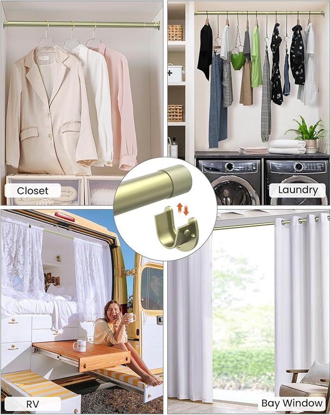 Supforce Closet Rods for Hanging Clothes, 17 to 84 Inches Stepless Adjustable Metal Closet Rod, 1.3 Inches Heavy Duty Clothes Hanging Rod for Closet Wardrobes Laundry RV, Verdant Gold