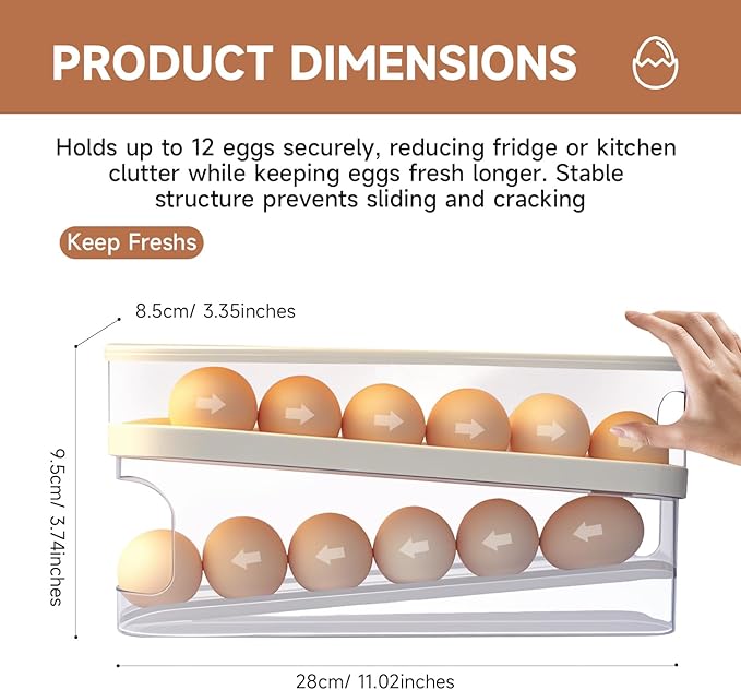 Rolling Egg Holder for Fridge, Egg Dispenser for Refrigerator, Automatic Rolling Storage Container for Countertop, Kitchen & Outdoor Use (3.35"x3.74"x11.02") 2 Pack