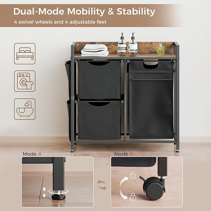 Mondeer Laundry Hamper with 3 Compartments, 100L Laundry Sorter with Wheels, Laundry Basket with Small Side Pockets and Pull-Out Removable Liners for Bedroom Bathroom