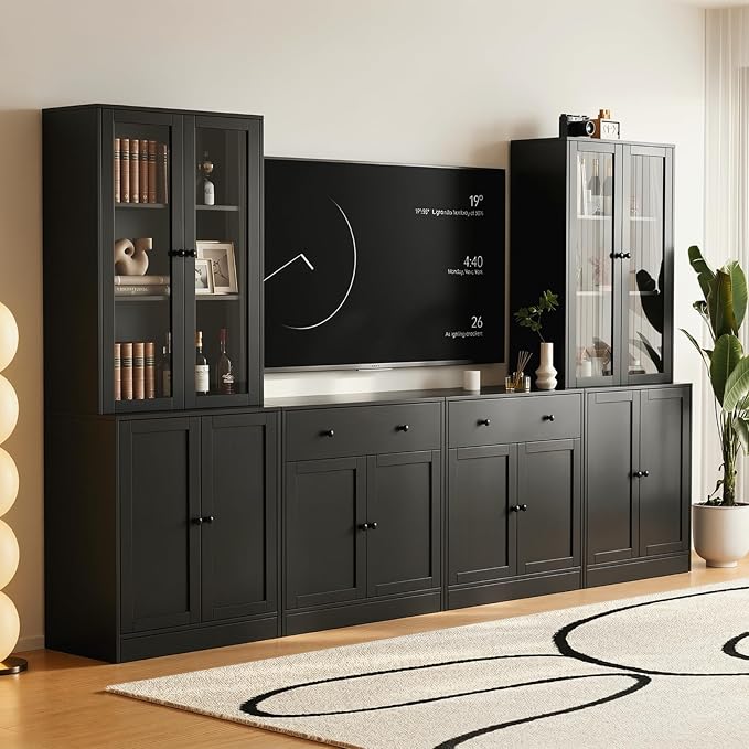 TUSY 71" TV Stand Storage Set - 2 Tall Bookcases & 2 Side Cabinets, Media Console with Glass & Wood Doors, Entertainment Center with Drawers, Tall Media Console for Living Room (Black, AEEA)