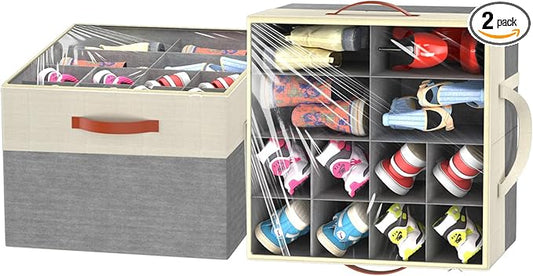 Aokeyee 2 Pack Shoe Organizer for Closet, Foldable Shoe Storage Organizer Box w/Clear Cover and Reinforced Handles, Space Saving Shoes Bin Fits up to 32 Pairs, Beige and Grey