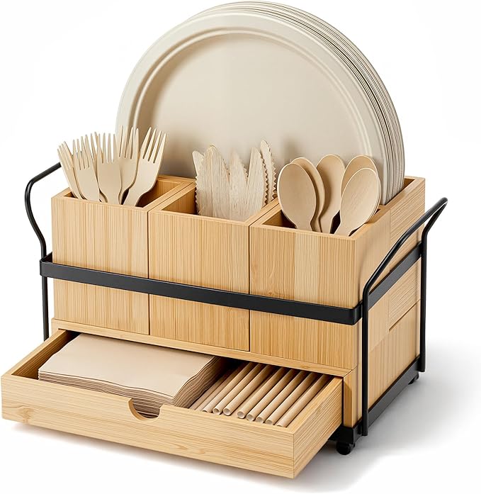 Qunclay Wooden Silverware Caddy with Drawer, Utensil Holder with 4 Compartments and Portable Handle, Removable Cutlery and Flatware Organizer for Forks, Spoons, Napkins, Kitchen Countertop