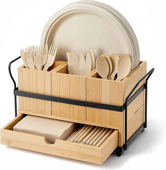 Qunclay Wooden Silverware Caddy with Drawer, Utensil Holder with 4 Compartments and Portable Handle, Removable Cutlery and Flatware Organizer for Forks, Spoons, Napkins, Kitchen Countertop