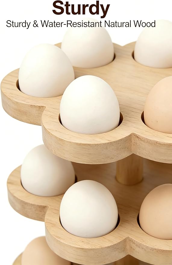 Wooden Egg Holder Countertop 360° Rotating, Egg Rack for 30 Eggs, Spiral Egg Storage Organizer for Kitchen Counter, Farmhouse Fresh Chicken Egg Dispenser for Home, Family (Wood)