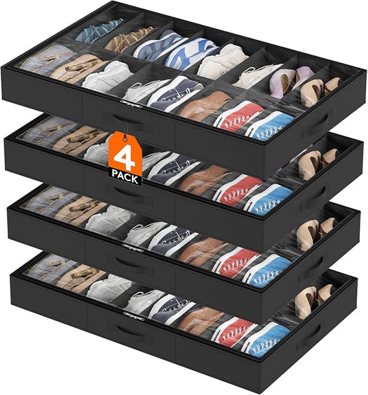 Lifewit Under Bed Shoe Storage Organizer 4 Pack(16 Pairs), 4.3" Tall Fabric Shoes Container Box, Foldable Closet Shoe Bag with 2 Reinforced Handles and Clear Cover, Black