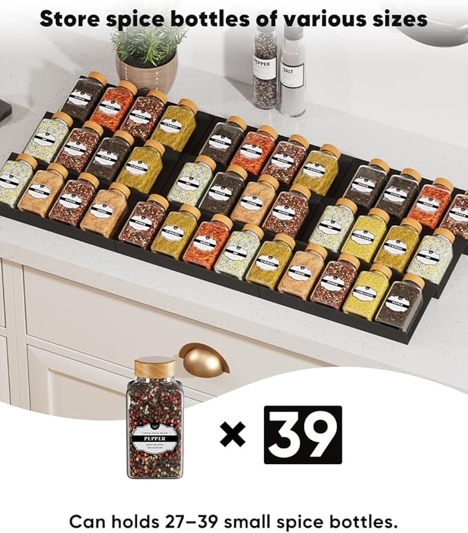 Artibear ABS Spice Drawer Organizer, Spice Rack Tray for Kitchen Cabinet, 9 Pieces Set-Expandable Seasoning Storage Rack From 8"-24" Insert for Drawer/Countertop (Jars Not Included)