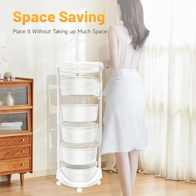 Fruit Basket for Kitchen, 5 Tier Circular Rotating Basket Large Storage Rack with Wheels, Standing Shelf Storage, Multi-Layer Storage Shelves with Top Lid for Living Room, Office, White (5-Tier)