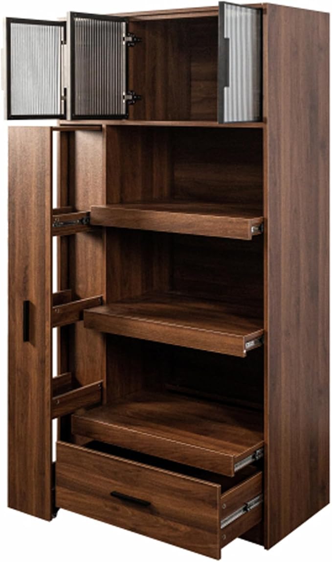 Farmhouse Kitchen Pantry Cabinet, 70.87" Tall Freestanding Cupboard with Multi-Tier Storage Rack and Microwave Stand for Kitchen, Dining Room, Dark Walnut