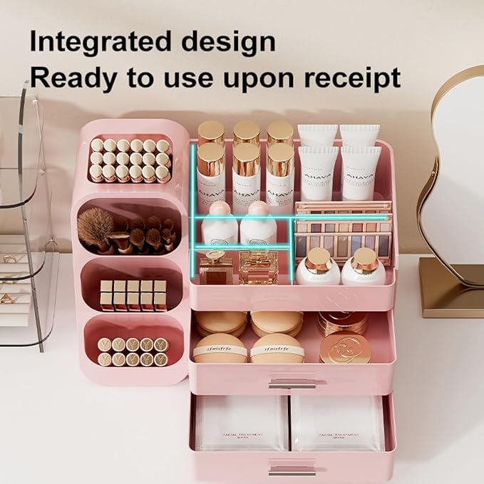 Booklov Makeup Organizer for Vanity, Large Capacity Cosmetic Display Case with Drawers, Countertop Beauty Storage Holder for Skincare, Brush Eyeliner Perfume Eyeshadow Lipsticks, Counter Desk, Pink
