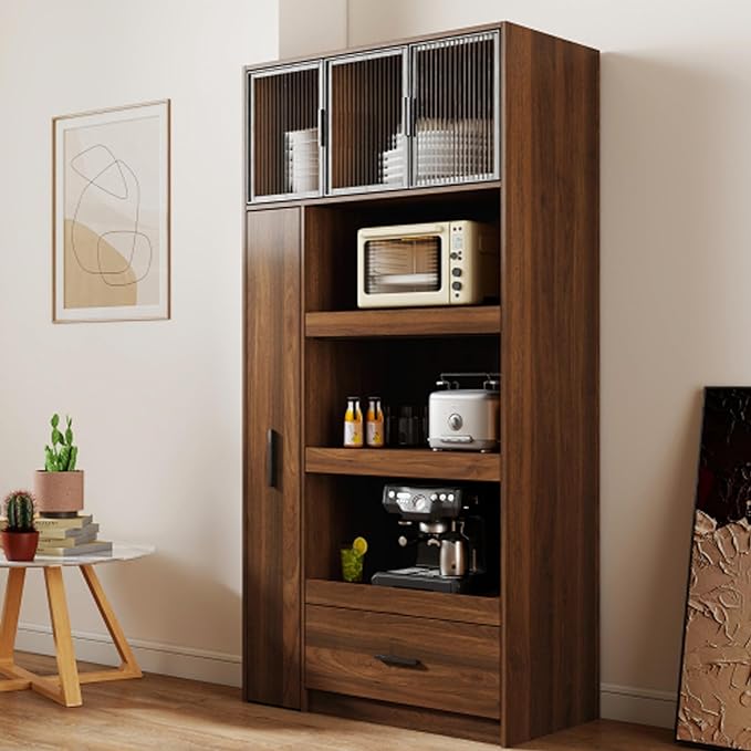 Farmhouse Kitchen Pantry Cabinet, 70.87" Tall Freestanding Cupboard with Multi-Tier Storage Rack and Microwave Stand for Kitchen, Dining Room, Dark Walnut
