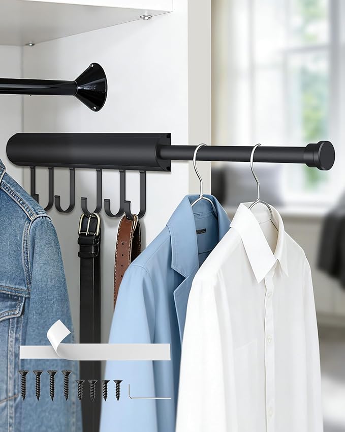 12 inch Valet Rod for Closets Pull Out, Closet Rods Extenders for Hanging Clothes Telescoping Adjustable With 6 Hooks (Black, 12 Inch-2 Pack)