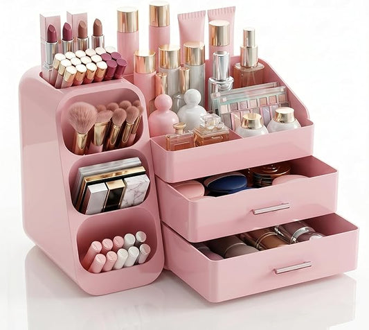 Makeup Organizer with Drawers,Large Capacity Countertop Organizer for Vanity,Bathroom and Bedroom Desk Cosmetics Organizer,Easy To Storage Skincare,Brushes,Lotions (All Pink)