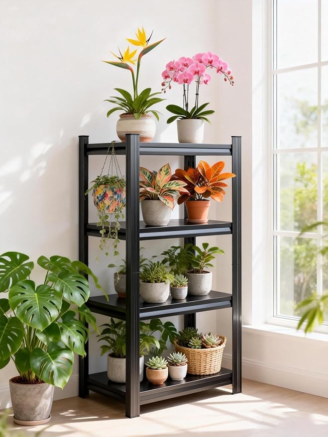 16W'' Garage Shelving Metal Garage Shelf Unit 4-Tier Storage Shelves Heavy Duty Shelf Organizer Industrial Shelves for Warehouse Basement Kitchen Pantry Commercial, Black