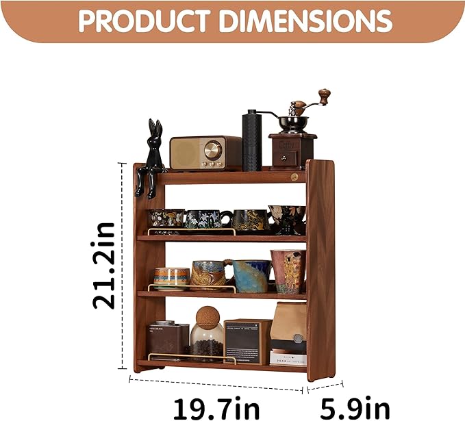 Wooden Cup Holder 4 Tier Walnut Wooden Shelf Organizer Coffee Station Organizer for Kitchen Home