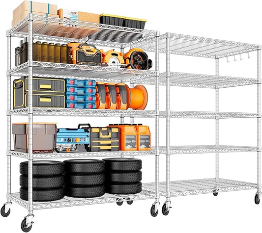 PrimeZone 5 Tier 48" Wx24''Dx81''H Wire Shelving with Wheels 3000lbs NSF Certified Storage Shelves Heavy Duty Metal Shelf Adjustable Rolling Rack Commercial Garage Restaurant Warehouse Chrome 2Pack