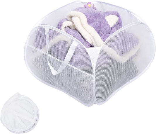 Collapsible Laundry Basket, 90L Foldable Pop-up Laundry Hamper with Handles, Mesh Dirty Clothes Hamper for Laundry, Bathroom, Kids Room, Dorm,Travel or Camping (White)