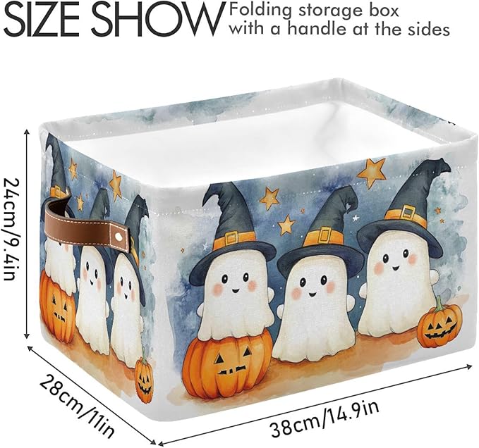 xigua Cute Cartoon Ghosts Storage Basket Foldable Storage Bin, Canvas Rectangular Storage Basket with Leather Handles for Home Closet & Office Decoration
