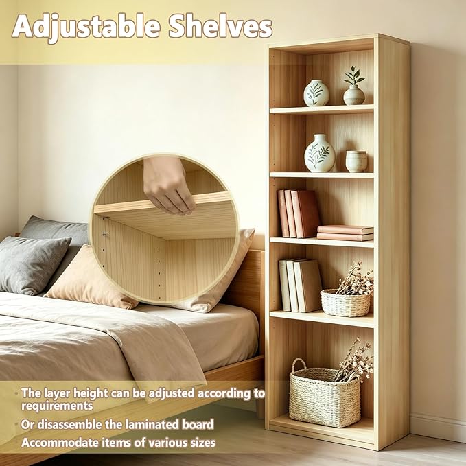 CTESNE【2026 Adjustable Shelves 5-Tier Bookcase, 71 inches, Wooden Open Display Floor Bookshelf (Oak Color)