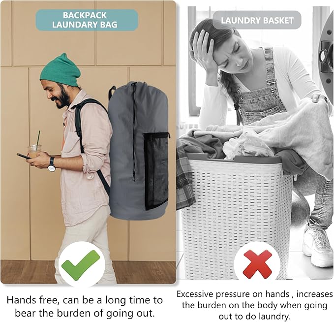 Olosar Laundry Bag Backpack, Extra Large Travel Laundry Bag with Mesh Pocket & Adjustable Shoulder Straps,Dirty Clothes Travel Bag for College Students Dorm,Apartment(Grey)