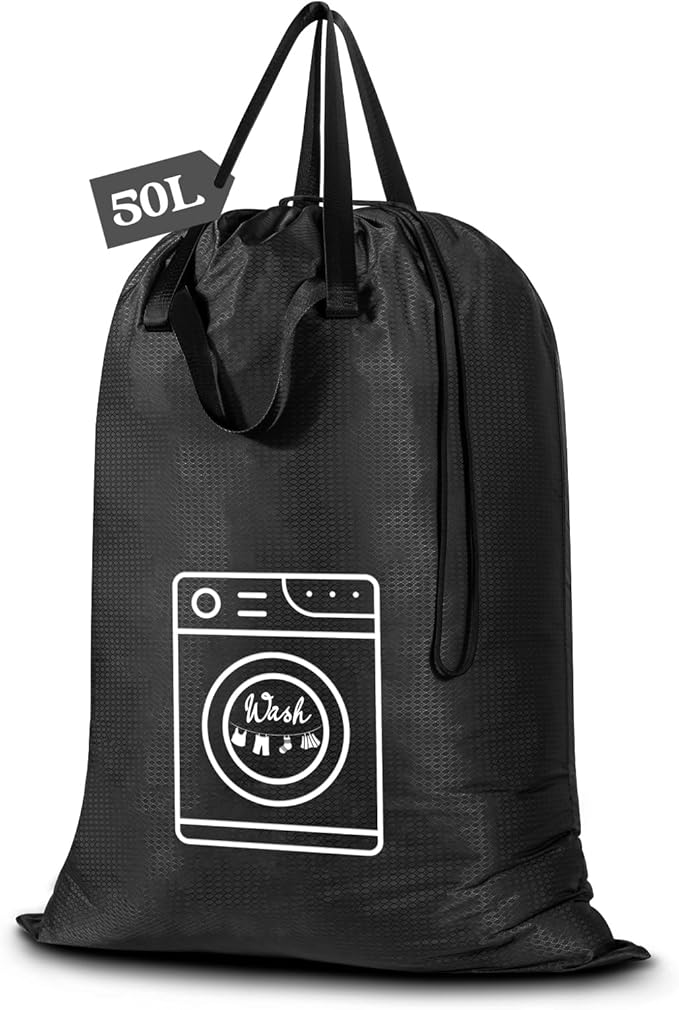 Heavy Duty Laundry Bag, Machine Washable Nylon, Splash-Resistant Dirty Clothes Storage Bag with Drawstring & Handles丨Lightweight, Foldable & Space-Saving for College Dorm, Camping, Trips, Cruise, 50L