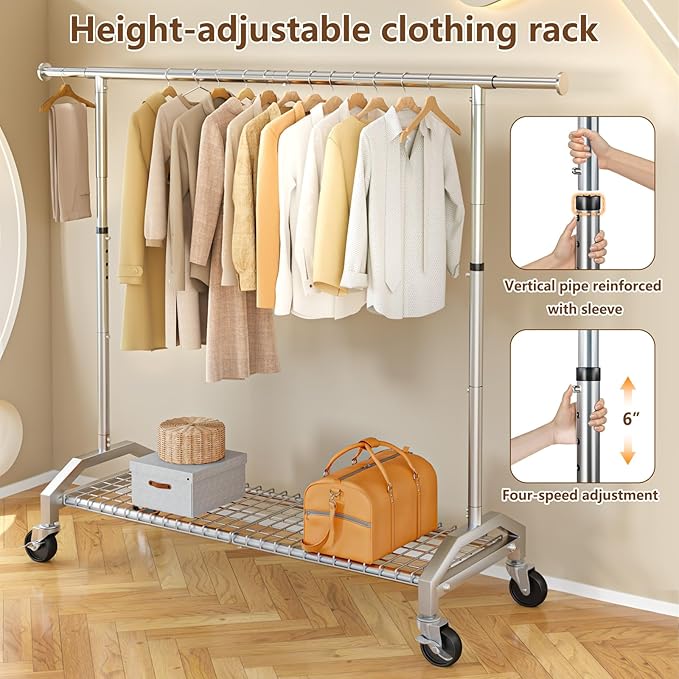 Wiracks Clothes Rack for Hanging Clothes 350lbs Heavy Duty Clothing Rack 51 to 71" W x 16.53" D x 65" to 71" H Adjustable Rolling Clothes Rack Coat Rack Garment Rack 3" industrial Wheels Silver