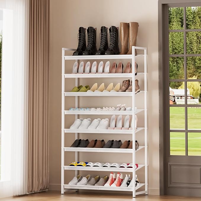 8-Tier Shoe Organizer, Tall Metal Shoe Rack for Closet Entryway Garage, Large Capacity Shoe Storage with Adjustable Flat, Holds 32-40 Pairs, White