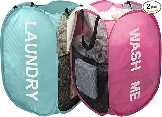 Larpur Pop Up Laundry Baskets, 2 Pack Mesh Laundry Hampers Collapsible Clothes Hampers for Home, Dorm, Travel (Pink + Blue)