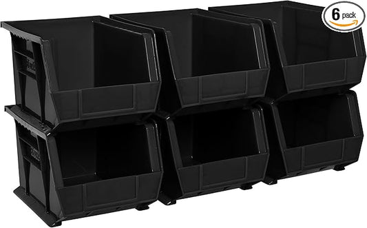 Akro-Mils 30239 AkroBins Plastic Storage Bins, Space-Saving Stackable Bins for Garage, Pantry, Craft Organization, 11-" x 8-" x 7-", Black, 6-Pack