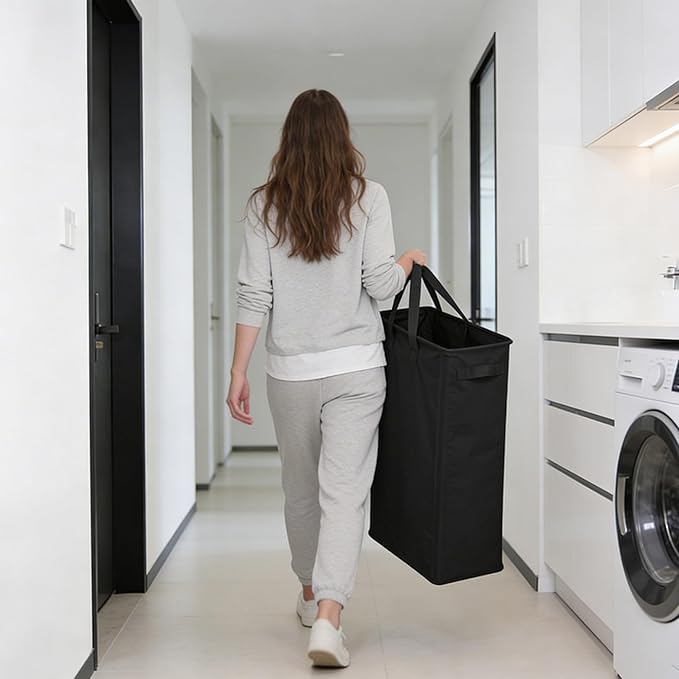 ZERO JET LAG Slim Laundry Hamper With Handles Collapsible Laundry Basket Thin Dirty Clothes Basket Narrow Laundry Bag Foldable Dirty Clothes Hamper 45L (24 inches,Black)