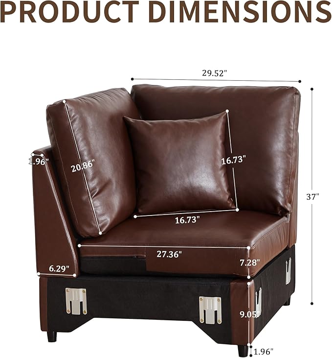 LEVNARY Modular Corner Chair, Faux Leather Upholstered Single Corner Seat for Sectional Sofas (Brown)