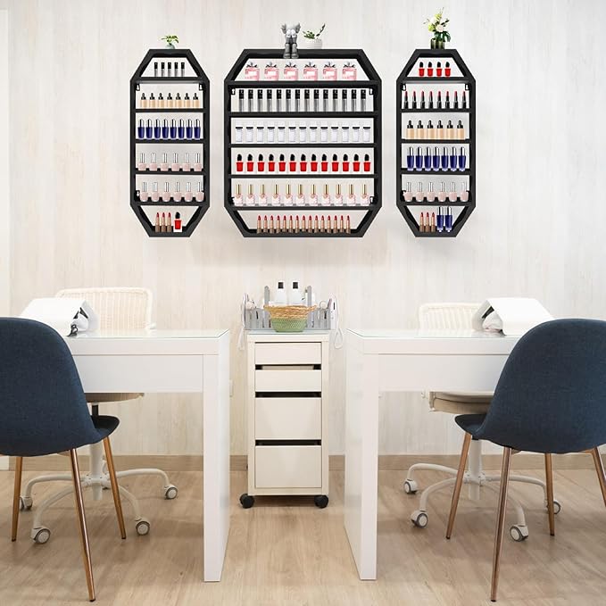 Wall-Mounted Nail Polish Storage Racks, 3PCS Multi-Tiers Metal Cosmetic Display Rack Lipstick Perfume Display Rack with 1 Middle Rack & 2 Side Racks for Spa Nail Salon Shop (Black)