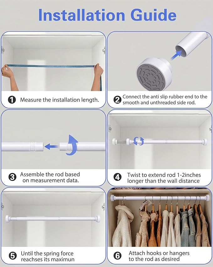 Supforce No Drilling Closet Rods for Hanging Clothes, Non Slip Tension Rod with Heavy Duty Clothes Hanging Rod, 17-54 Inches Adjustable Spring Closet Rod for Closet Wardrobe Bathroom Laundry RV, White