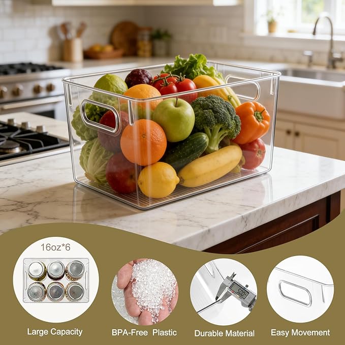 Hudgan Set of 4 Clear Plastic Storage Bins, 4 Large Storage Containers for Pantry Organizers, Home Edit, Kitchen Cabinet, Refrigerator, Under Sink Organization, Bathroom, Office