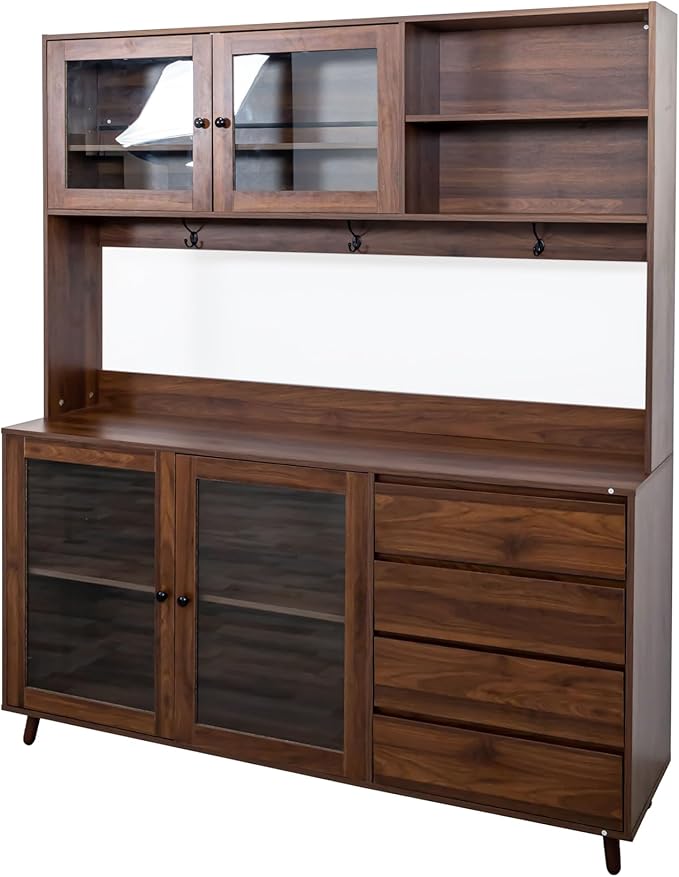 Farmhouse Kitchen Pantry Cabinet, 74.8" Tall Freestanding Cupboard with Multi-Tier Storage Rack and Microwave Stand for Kitchen, Dining Room, Walnut