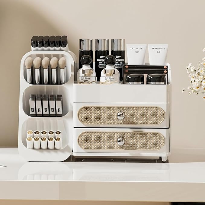 Booklov Makeup Organizer for Vanity, Large Capacity Cosmetic Display Case with Drawers, Countertop Beauty Storage Holder for Skincare, Brush Eyeliner Perfume Eyeshadow Lipsticks, Counter Desk, White