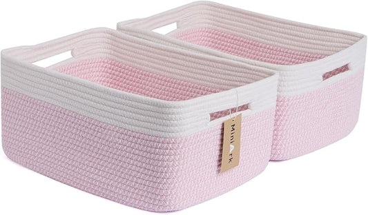 MiniArk Large Storage Baskets for Shelves, Closet Organizers Bins for Clothes Blanket Towels, Baby Nursery, Toy Baskets Box, Woven Rope Baskets, 17 x 13 x 7.5”, 2 Packs Woven Pink