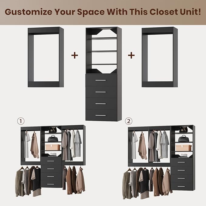 ROOMTEC Modular Closet System, 96" Wall-Mounted Closet Organizer with Drawers and Hanging Rods, Wooden Tower for Walk-In Closets, Wardrobe Storage Kit, Black