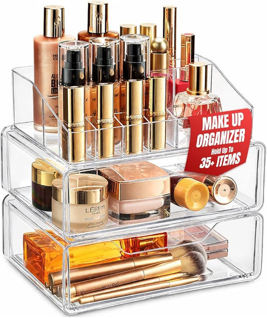 Masirs Clear Acrylic Makeup Organizer with Drawers – Cosmetic Vanity Storage for Skincare, Hair Accessories, Jewelry, Perfume – Durable Countertop Bathroom Organizer
