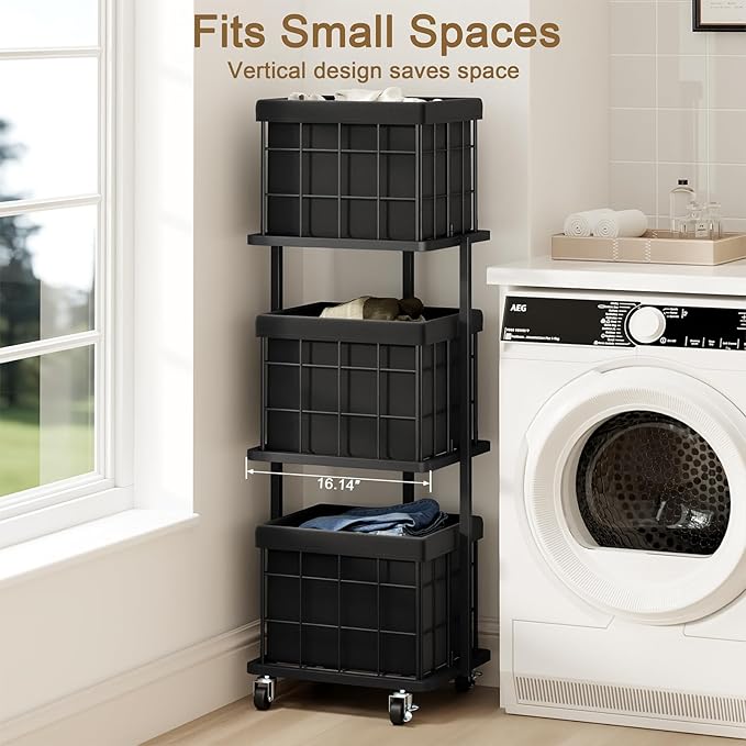 120L Vertical Rolling Laundry Hamper with Removable Bags, 3 Section Laundry Basket with Wheels, Slim Tall 3 Tier Laundry Sorter for Small Spaces, Dorm, Laundry Room, Bathroom, Closet, Black