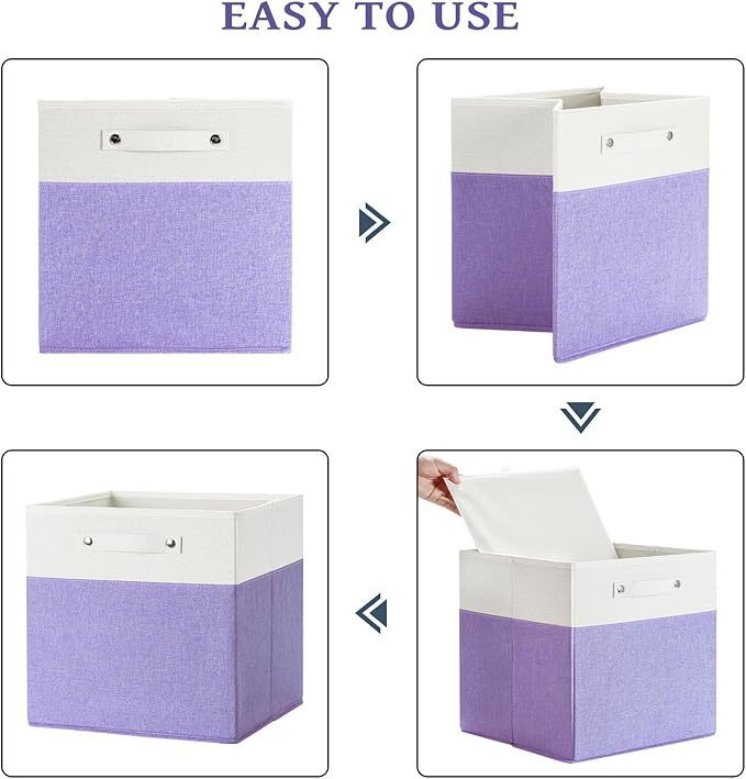 FinishingBo 13 x 13 Inch Fine Linen Storage Bins with Handles，Fabric Cube Boxs，Basket Organizers for Shelves for Home, Closet Drawers (White/Purple-6 Pack)