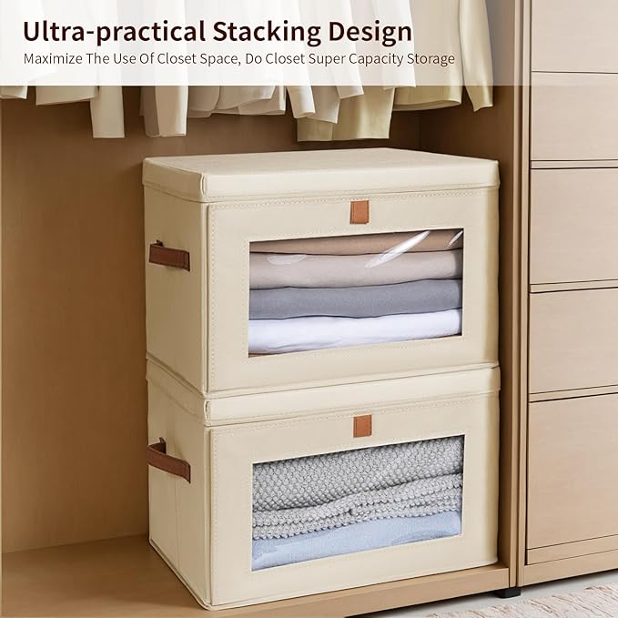 Homsorout Large Storage Bins with Lids - Fabric Collapsible Closet Storage Organizer with Window & Handles, Stackable Decorative Storage Boxes for Clothes, Blankets, Sweaters, 4 Pack, Beige