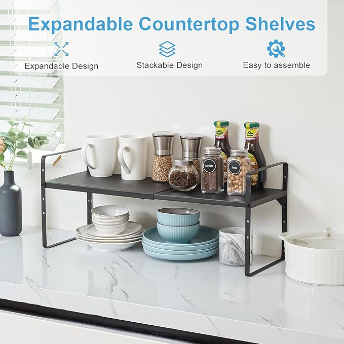 15.5 to 25.5 Inch Kitchen Cabinet Shelf Organizers, Adjustable Kitchen Counter Shelf Organizer, Set of 4 Expandable Countertop Storage Shelves, Stackable Design, 30LBS Heavy Duty, Space Saver