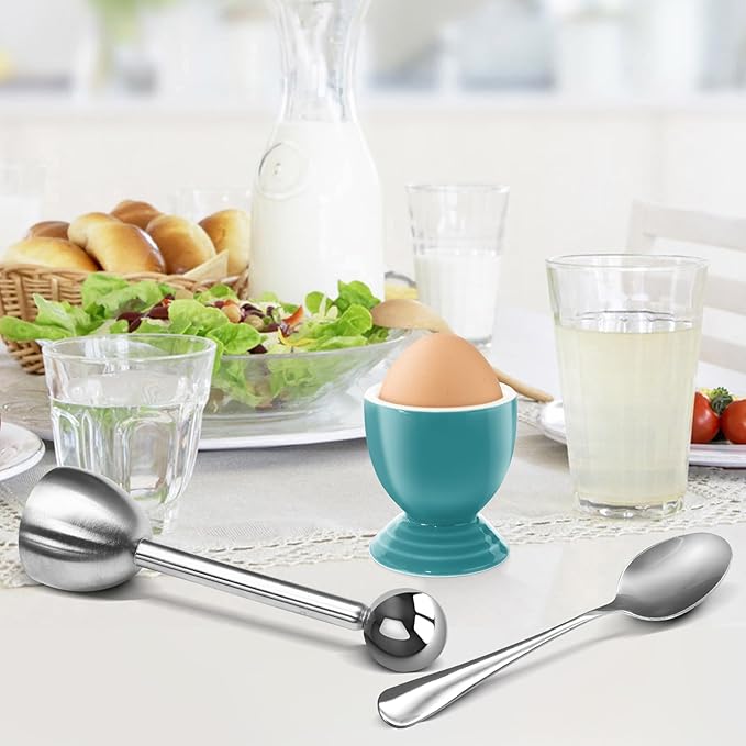 Colorful Soft Boiled Eggs Cups Set, 4 Ceramic Egg Stands and 1 Stainless Steel Egg Cutter, 4 Perfect Egg Spoons for Kitchen and Breakfast Host(Caribbean)