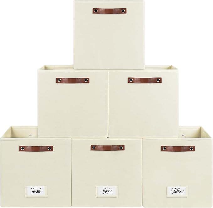FinishingBo 6-Pack Storage Cubes with Handles & Label Holders Basket, Closet Cube Home Organizer Bins(Beige, 13 x 13 x 13 inch)