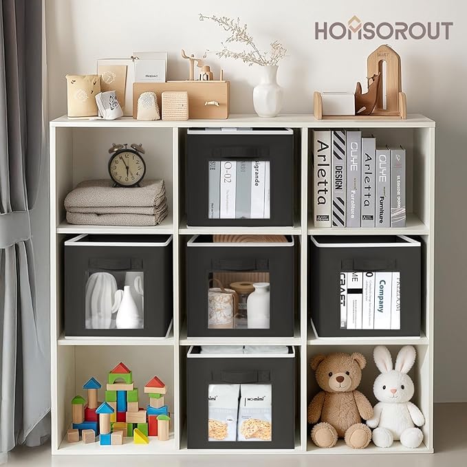 Homsorout Foldable Storage Cubes - Cubby Storage Organizer with Window, Decorative Baskets for Organizing, 11 Inch Fabric Cube Shelf Bins, Set of 10, Black